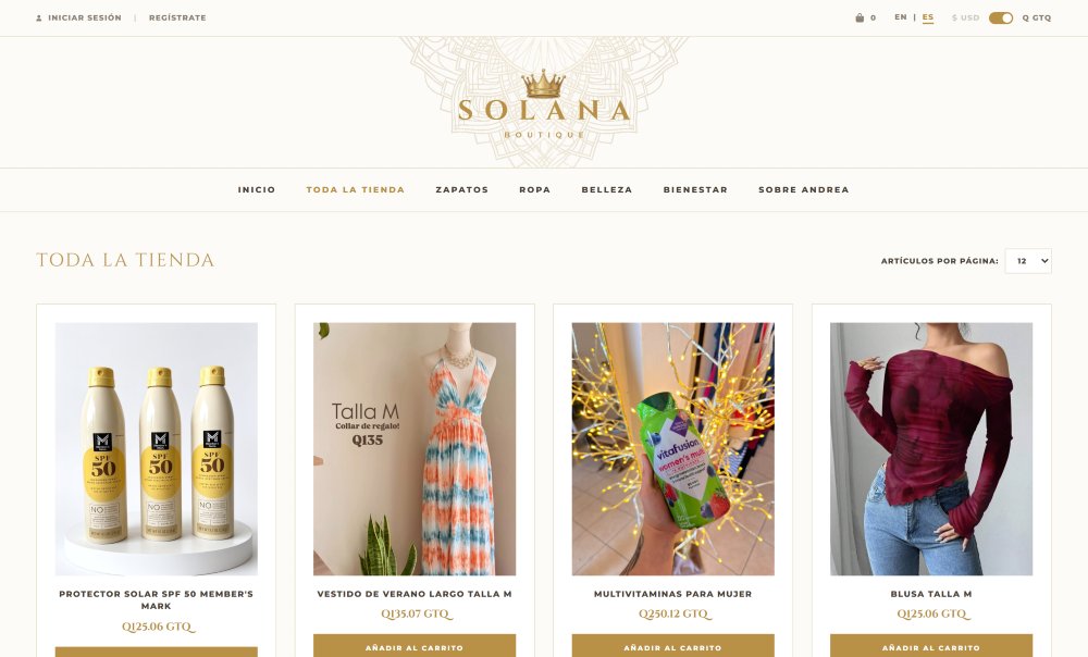 Solana Boutique shop page in Spanish, with prices shown in Guatemalan quetzales